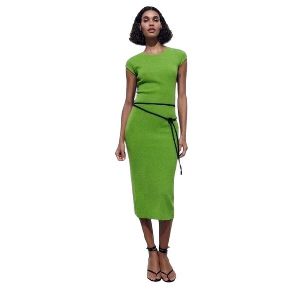 Zara Dresses & Skirts - ZARA Apple Green Knit Midi Dress Cutwork Waist Size M